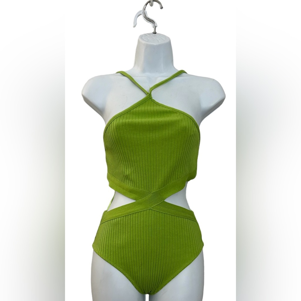 ZARA Green Ribbed Cutout Bodysuit Size Small NWT